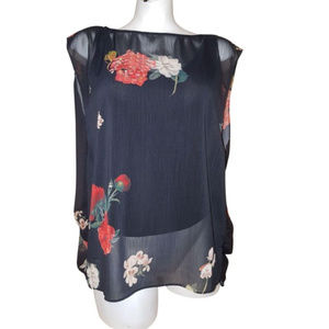 Navy Tank- Floral Sheer Overlay Open Back Blouse